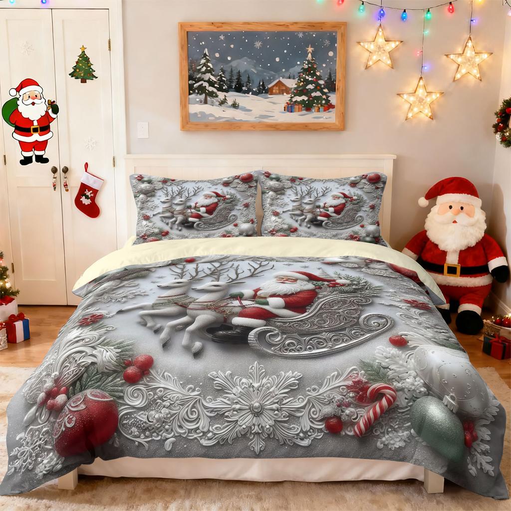 3pcs imitation relief Santa Claus printed coreless bedding set, multi size bedroom bedding decoration, machine washable