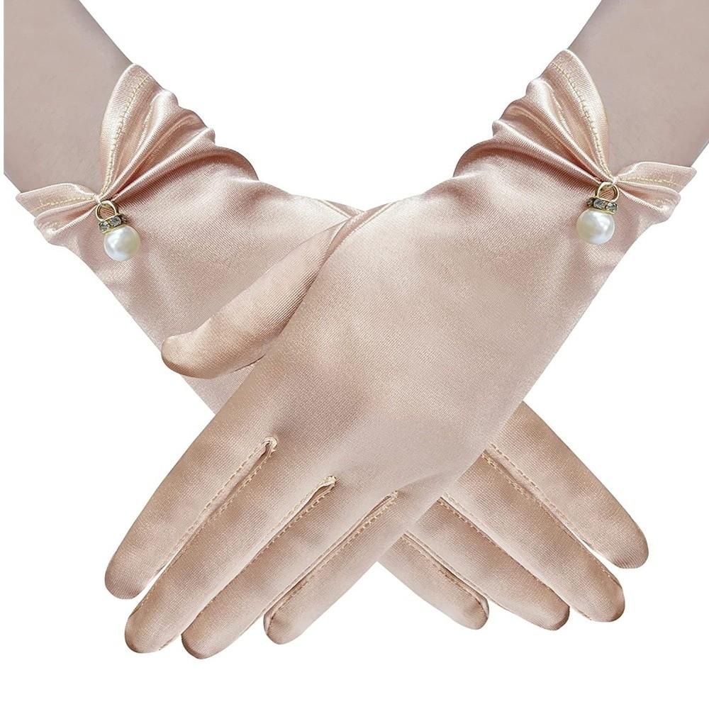 Pearl Decorative White Satin Bridal Gloves Wrist Length Women Silk Gloves Ladies