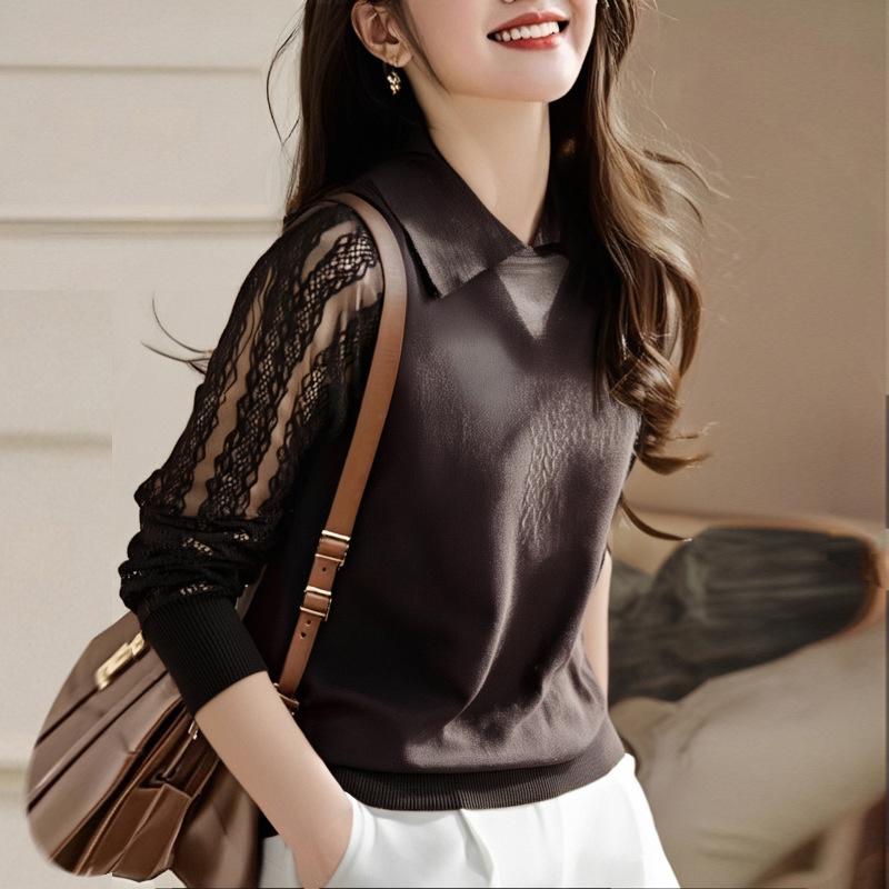 

Spring and Autumn Lace Knitted Sweater Long Sleeve Top Women s Small Lapel Bottom One size