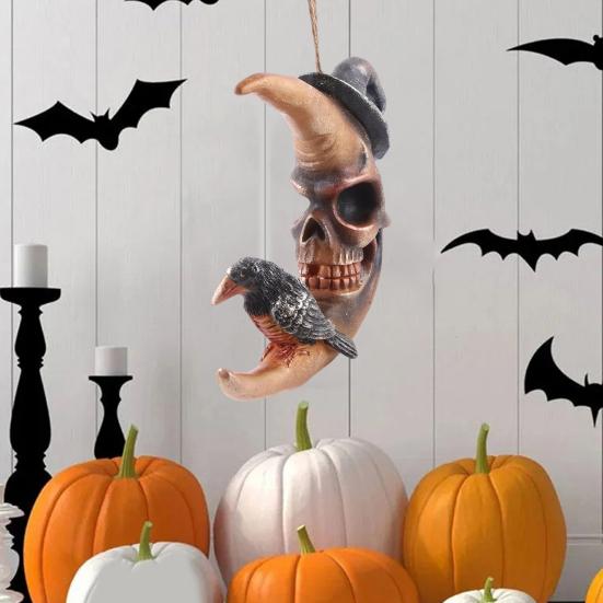 Halloween Moon Decoration Crow On The Moon Ornament Gothic Skull Face Moon with Witch Hat Decoration for Indoor