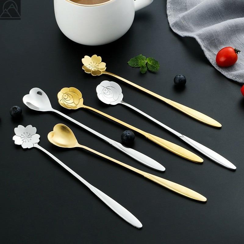 Long Handle Spoon Stainless Steel Tableware Stirring Spoon Ice Spoon Cute Bar Coffee Dessert Spoon Heart Spoon