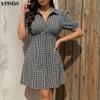 VONDA Summer Women Turn Down Collar Short Sleeve Plaid Back Elastic Casual Ruffled Mini Dress