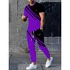 Men's 3D Printed Fashionable Blue-striped T-shirt Pants Set | Round-neck Short-sleeved T-shirt and Elastic-waist Loose Pants