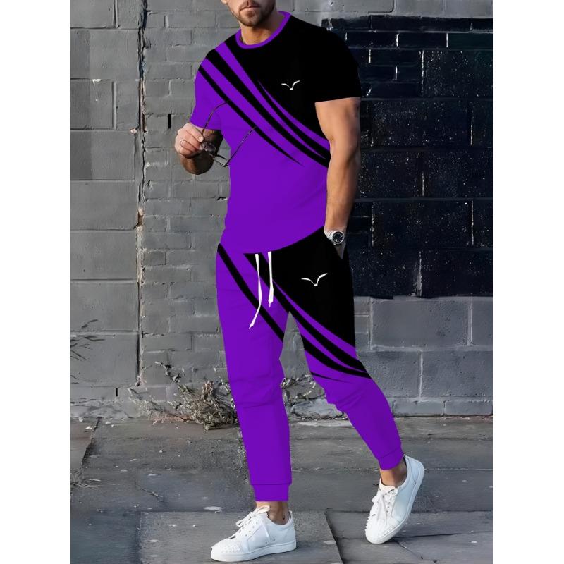 Men's 3D Printed Fashionable Blue-striped T-shirt Pants Set | Round-neck Short-sleeved T-shirt and Elastic-waist Loose Pants