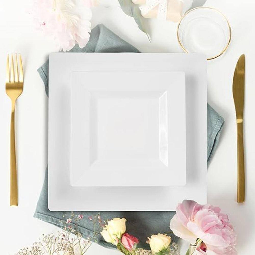 10Pcs Hard White Square Plate Plastic Dessert Dish Kitchen Tableware Party Appetizer Plate  Salad