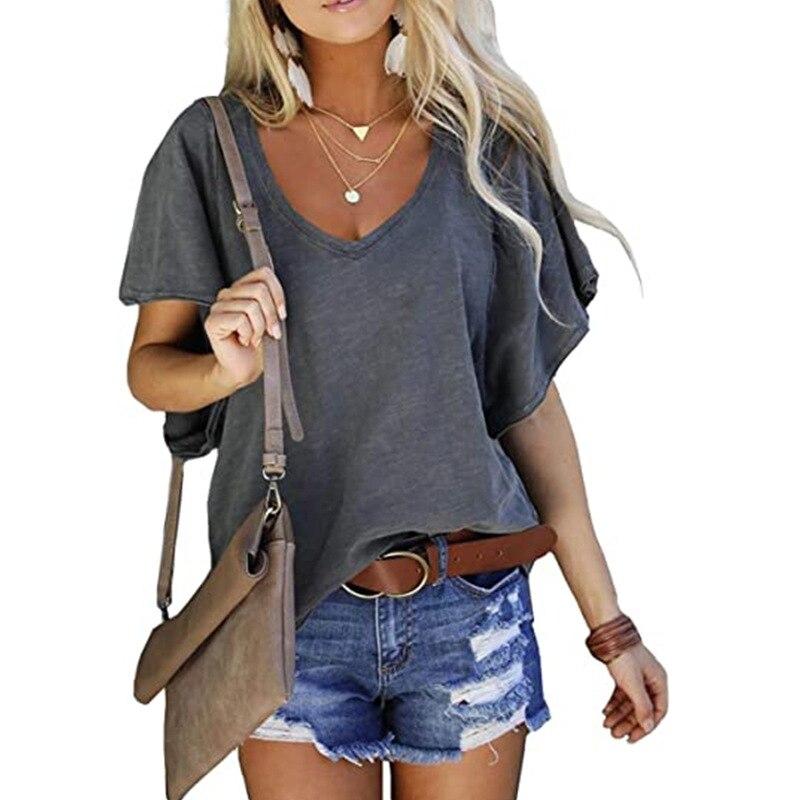 2024 neue Sommer Damen Tops V-Ausschnitt Baumwolle Solidcolor Kurzarm Casual Loose Pius Size Femmel T-Shirt