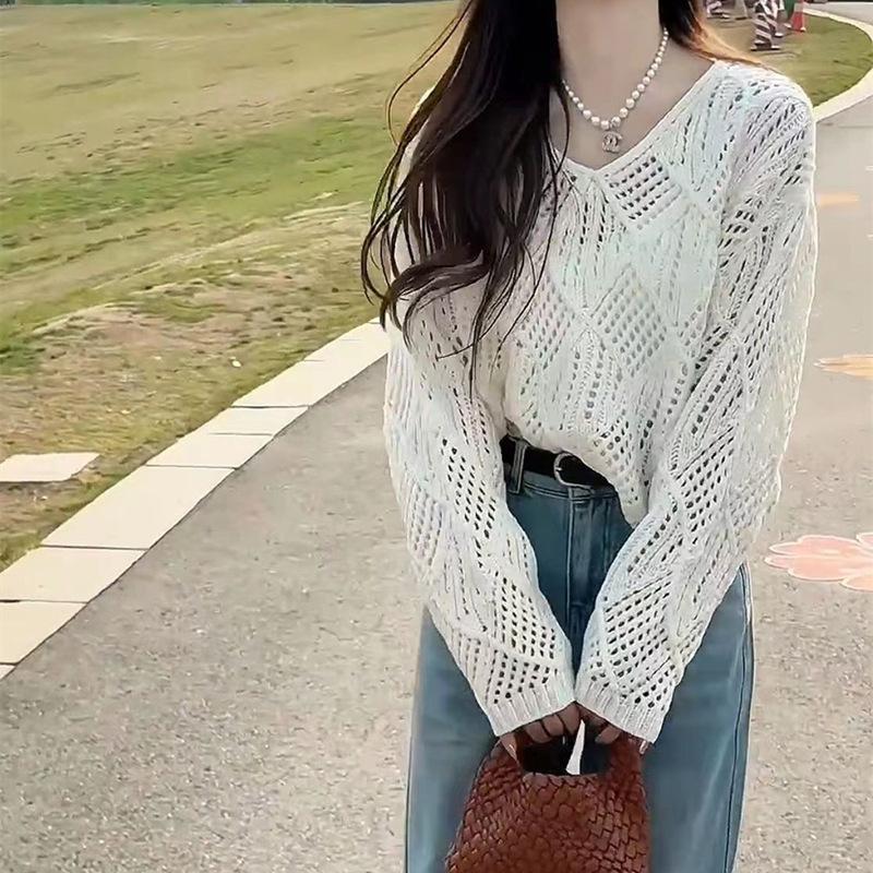 

Ажурный вязаный свитер женский свитер с длинным рукавом весна новый высококачественный свободный и универсальный солнцезащитный топ блузка женская One size