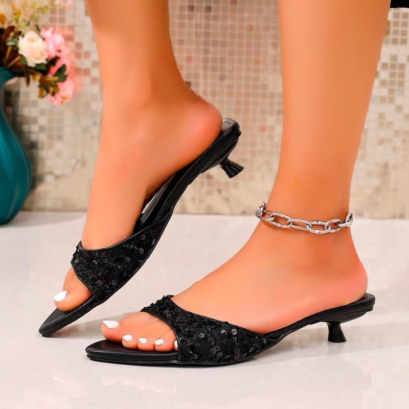 Fashion Stiletto Slippers New Summer Style Pointed Sequined Cloth Cover Foot Non-slip Wear-resistant Low-heeled Flip Flops
