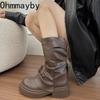 Designer Hosenbeine Damen Stiefel Mode Slipper Plissee Schuhe Damen Dicker Absatz Western Cowboy Stiefeletten De Mujer