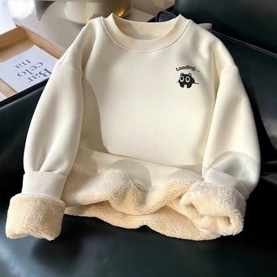 Men Loose Fleece Lined Round Neck Long Sleeve Print Sweatshirt