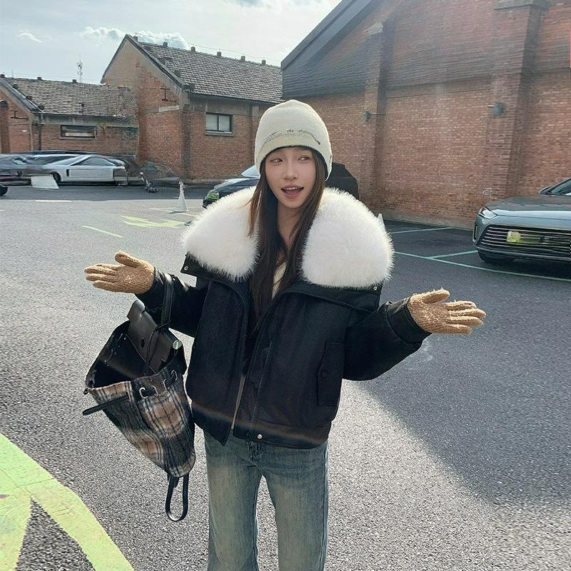 Lamb Wool Big Fur Collar Women's Short High-end Sense of Socialite Temperament Small Winter Down Cotton Coat