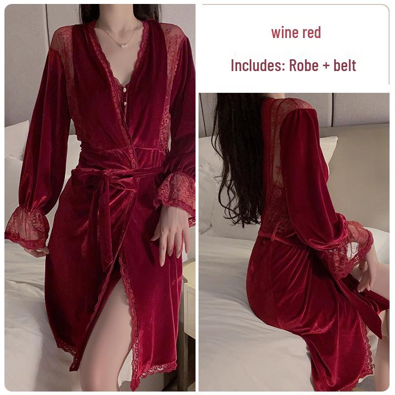 Gorgeous Lace See-Through Deep V Velvet Nightgown & Robe Set with Padding - Sweet Temptation 3908