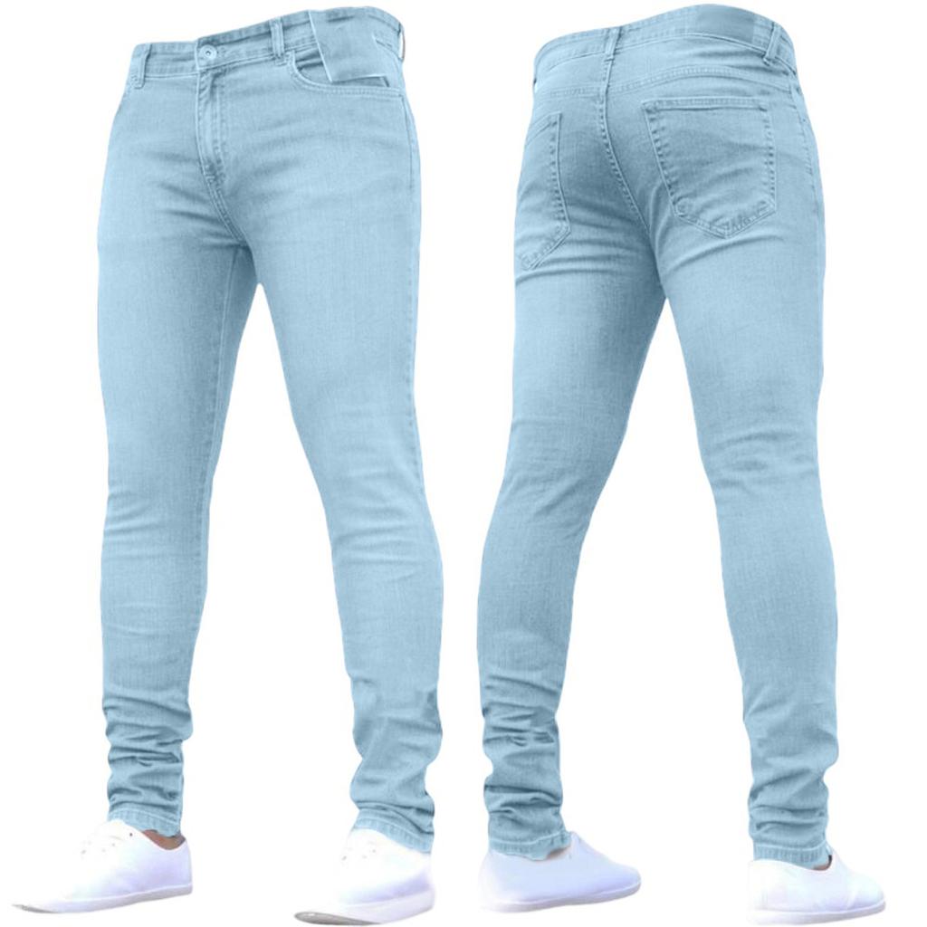 Men's Casual Small Straight Jeans Pants Fashion Wide Leg Pants Solid Color Jeans
