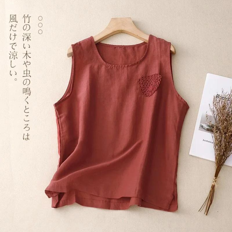 

Women s Linen Sleeveless Tank Top with Lace Patch Loose Casual Top M красный