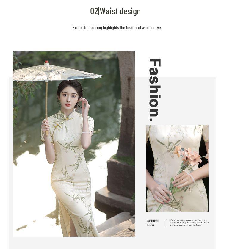 Summer Slimming Split Cheongsam Dress with Frog Buttons - Modern Printed Style