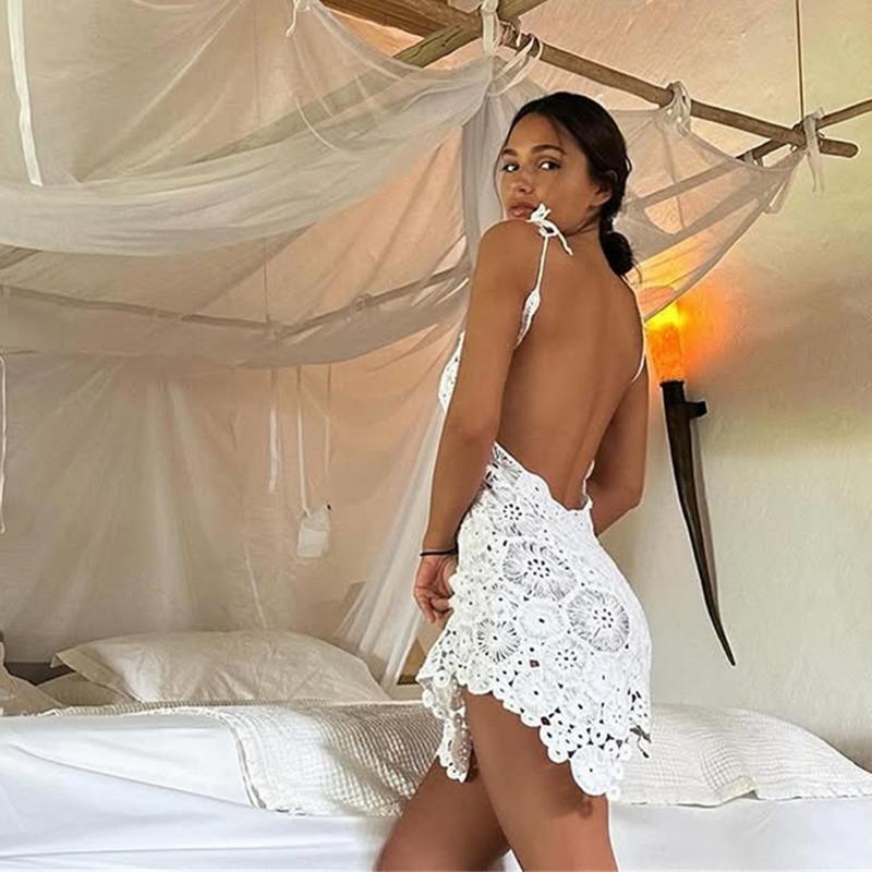 Sleeveless Hollow Out Lace Mini Short Dress Sexy Women Swimsuit Coverups Crochet Summer Beach Dress Slim U Neck Hollow Out Irregular Hem Mini