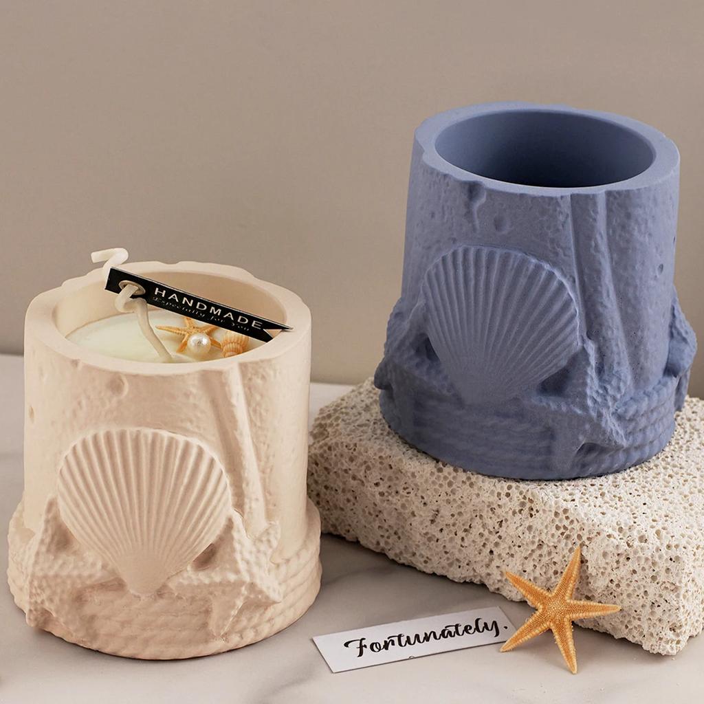 Ocean Series Cylindrical Candle Jar Silicone Mold DIY Embossed Shell Starfish Storage Jar Gypsum Concrete Resin Mold Home Decor