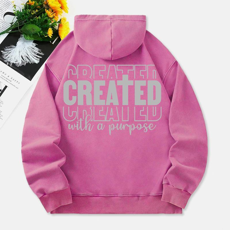 Created With A Purpose Washed Hoodies Women Letter Prints Cotton Streetwears Pocket Oversize Warm Hooded Clothes