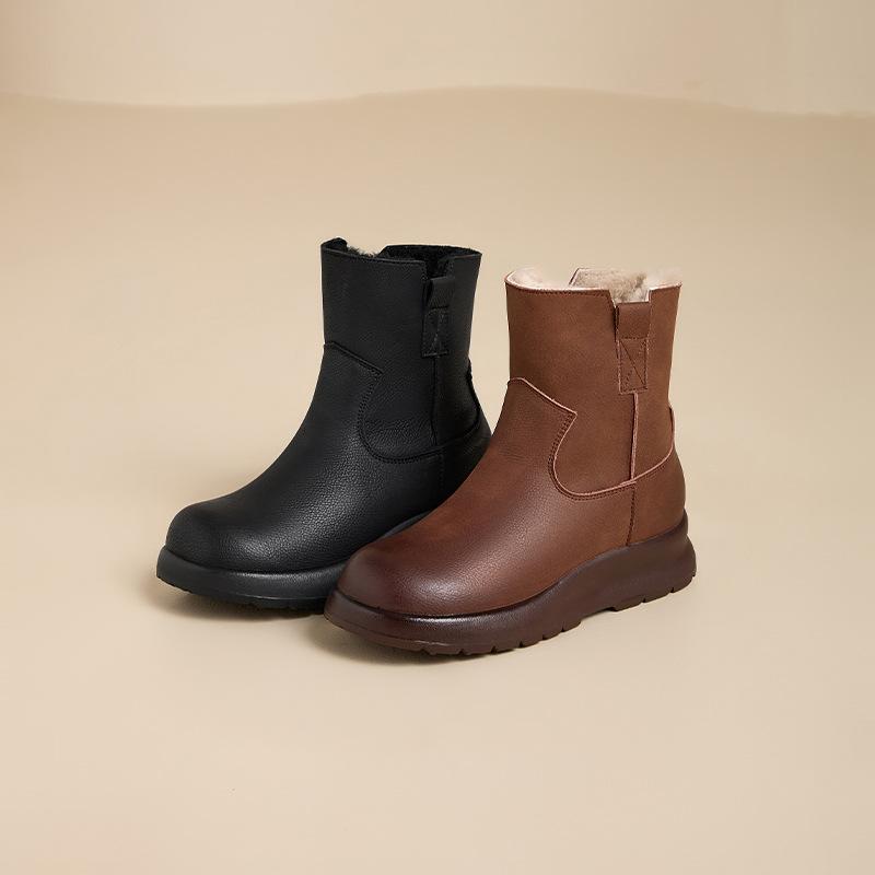 Leather retro snow boots women's 2025 winter new velvet thickened thermal cotton shoes integrated leather Martin boots