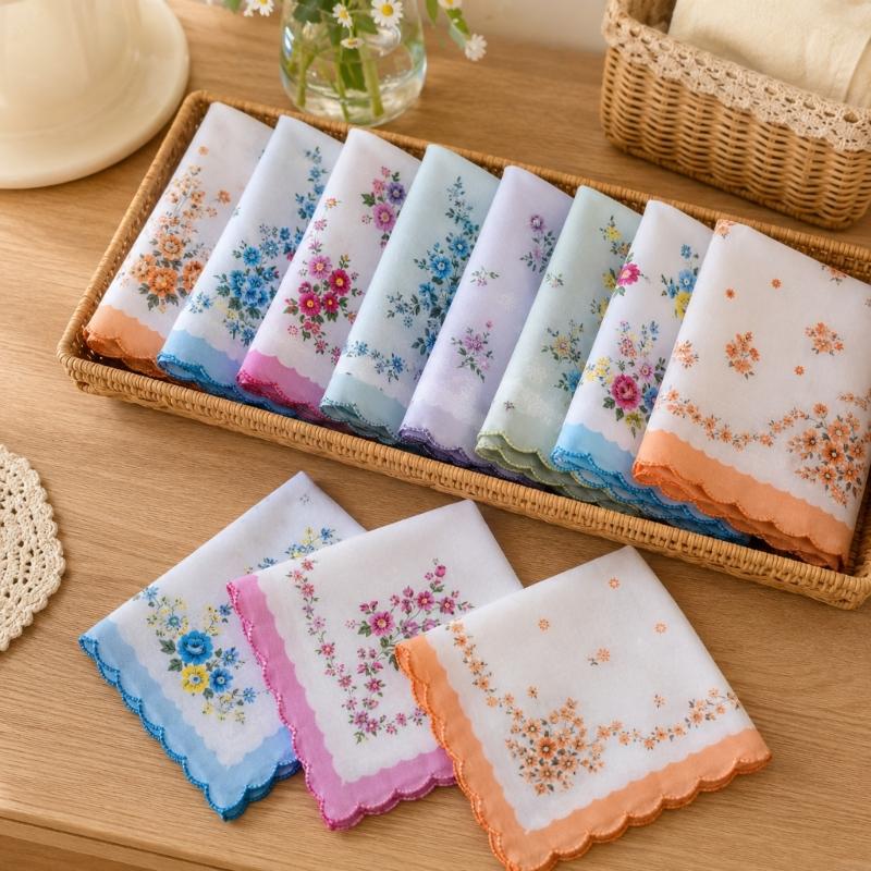Flower Handkerchief Set, 18Pcs Soft Cotton Cloths with Scalloped Trim for Personal Wiping, Table Settings, and Small-Item