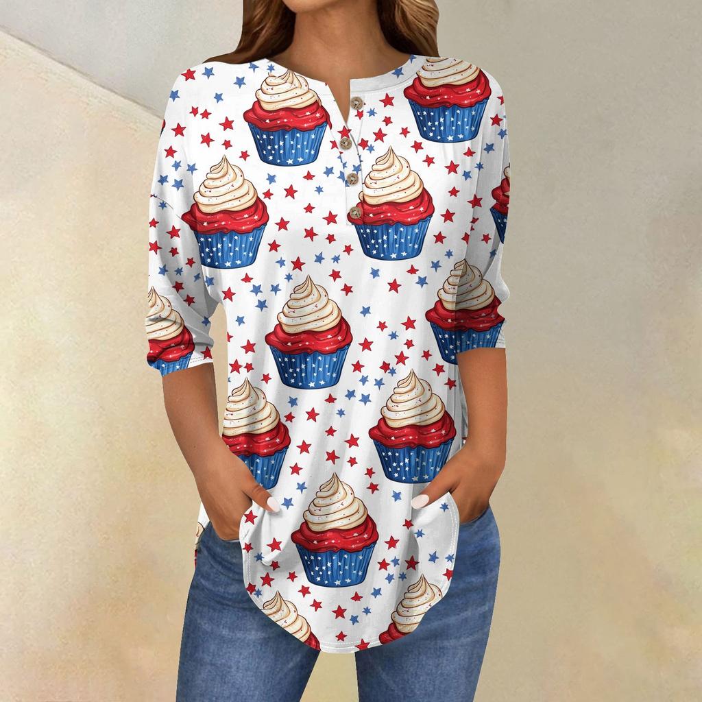 Tee Shirts For Women Fall Casual 3/4 Long Sleeve Button Shirts Sweatshirt Vintage Top Pullover