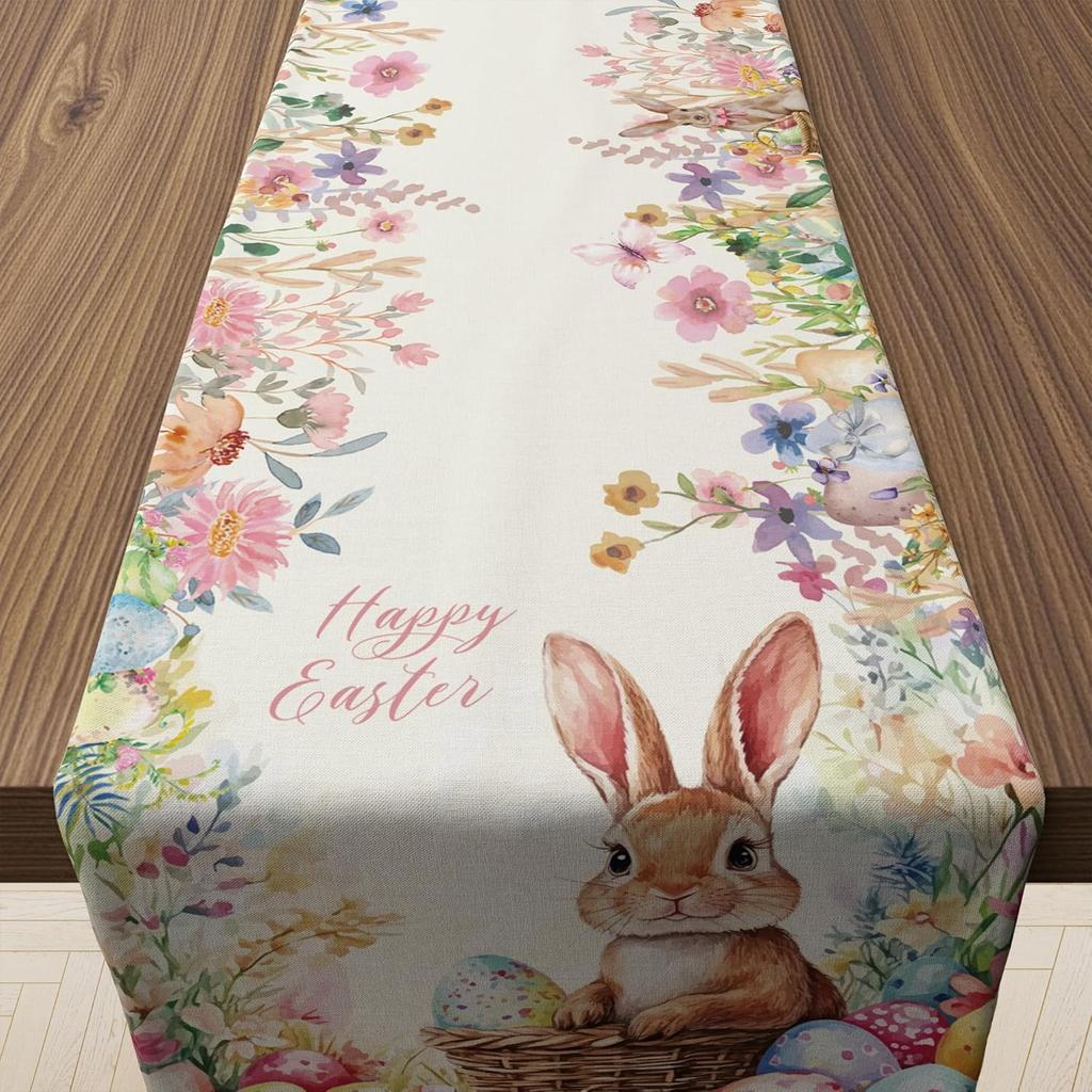 Easter Bunny Flofal Linen Table Runner Dresser Scarf Table Decor Spring Watercolor Wildflowers Table Runners Easter Decorations