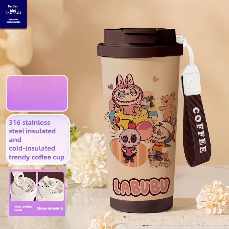 Tecknad Rostfri Stålkopp Högvärdig Termosmugg 3D Dubbel Drickstrå Kaffekopp