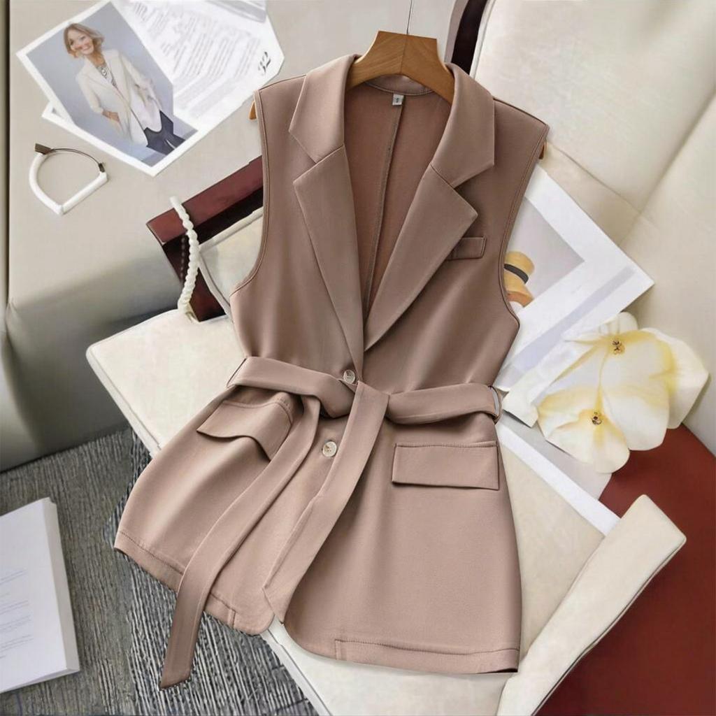 Women's Fashionable Casual Loose Belted Button V,neck Vest Jacket