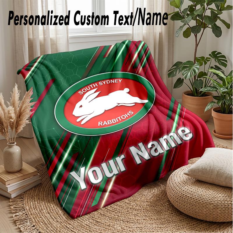 South Sydney Rabbitohs Custom Flannel Throw Blanket Print Your Name Text Soft Warm Blanket Holiday Present