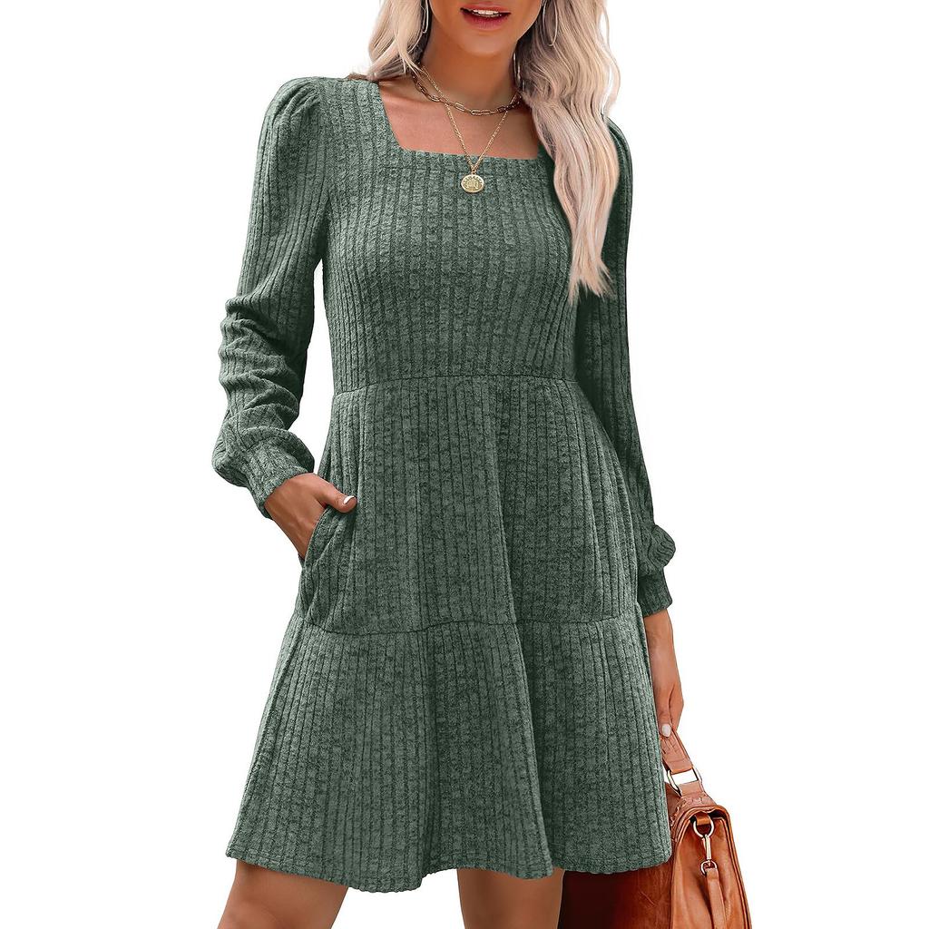 Womens  Square Neck Long Sleeve Dress Casual  Knit Dress With Pockets