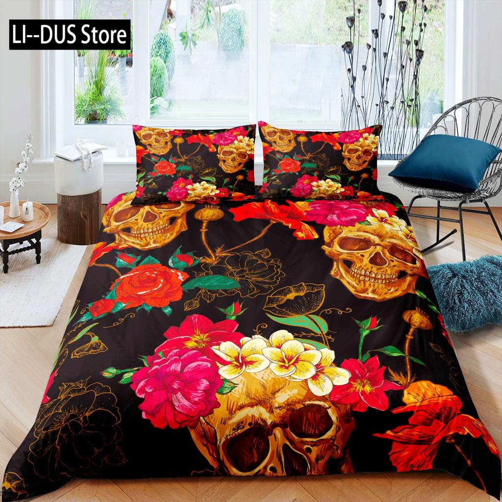 Sugar Skull Bedding Sets Queen King Full Size For Kids Colorful Flower Skeleton Bedding Decor Set With Pillowcases Room Decor