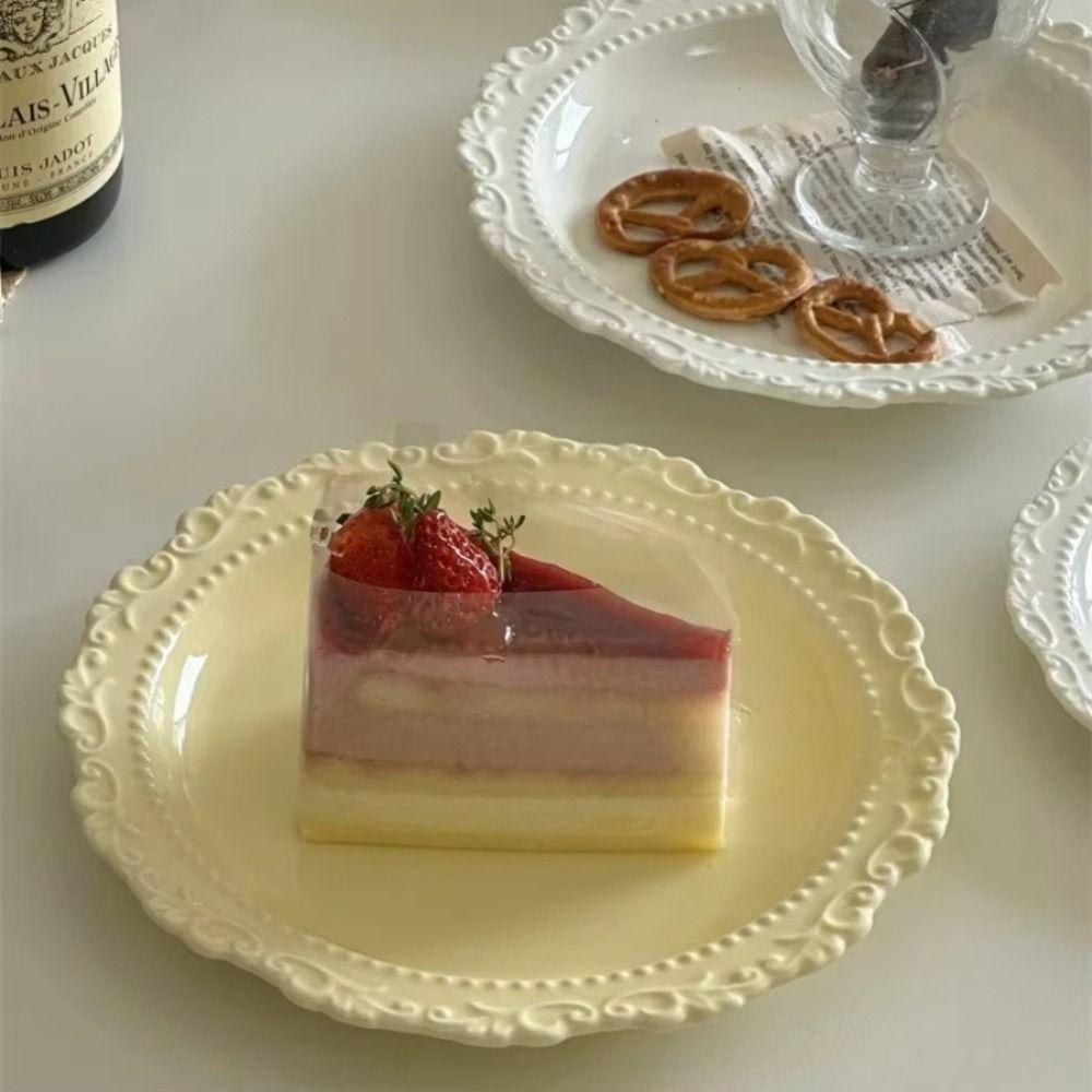 White/Yellow Color French Relief Plate Embossed Design Dessert Serving Tray Restaurant Use
