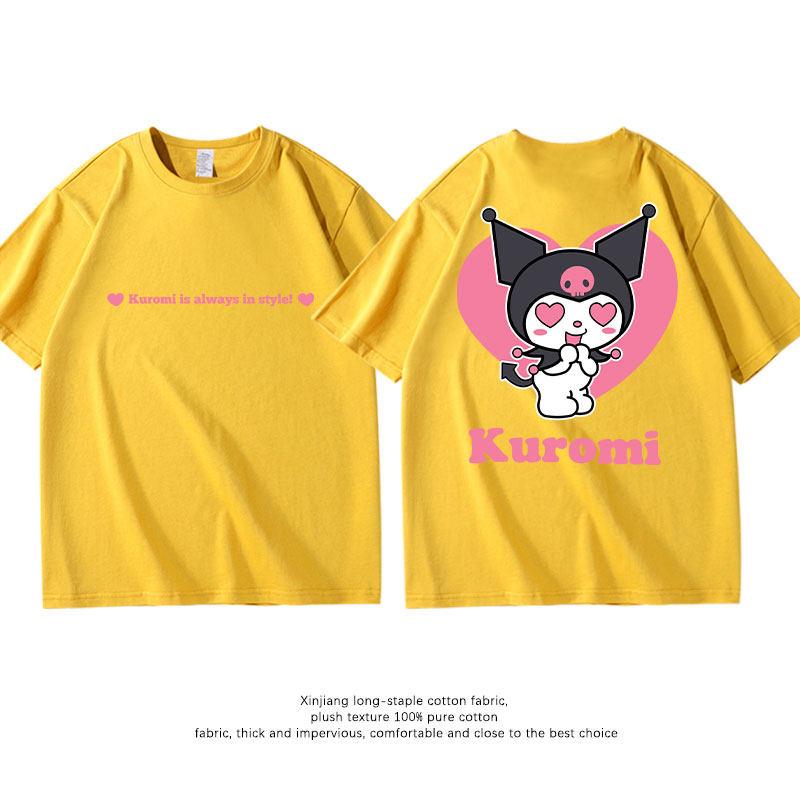 New Summer Pure Cotton Childrens Tshirt Kuromi Fashion Doublesided Printed Parentchild Outfit Round Neck Short Sleeved Shirt