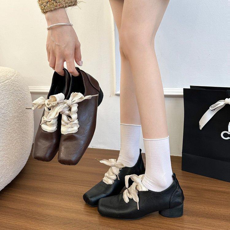 Cowhide Version! Retro Literary Square Head Small Leather Shoes Design Sense Thick Heel Front Lace-up Outer Wear Temperament Thick Sole Single Sho