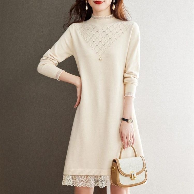 Lace Knitted Dress for Women In Autumn and Winter Large-sized Half Turtleneck Knitted Sweater Loose Mid-length Sweater Dress