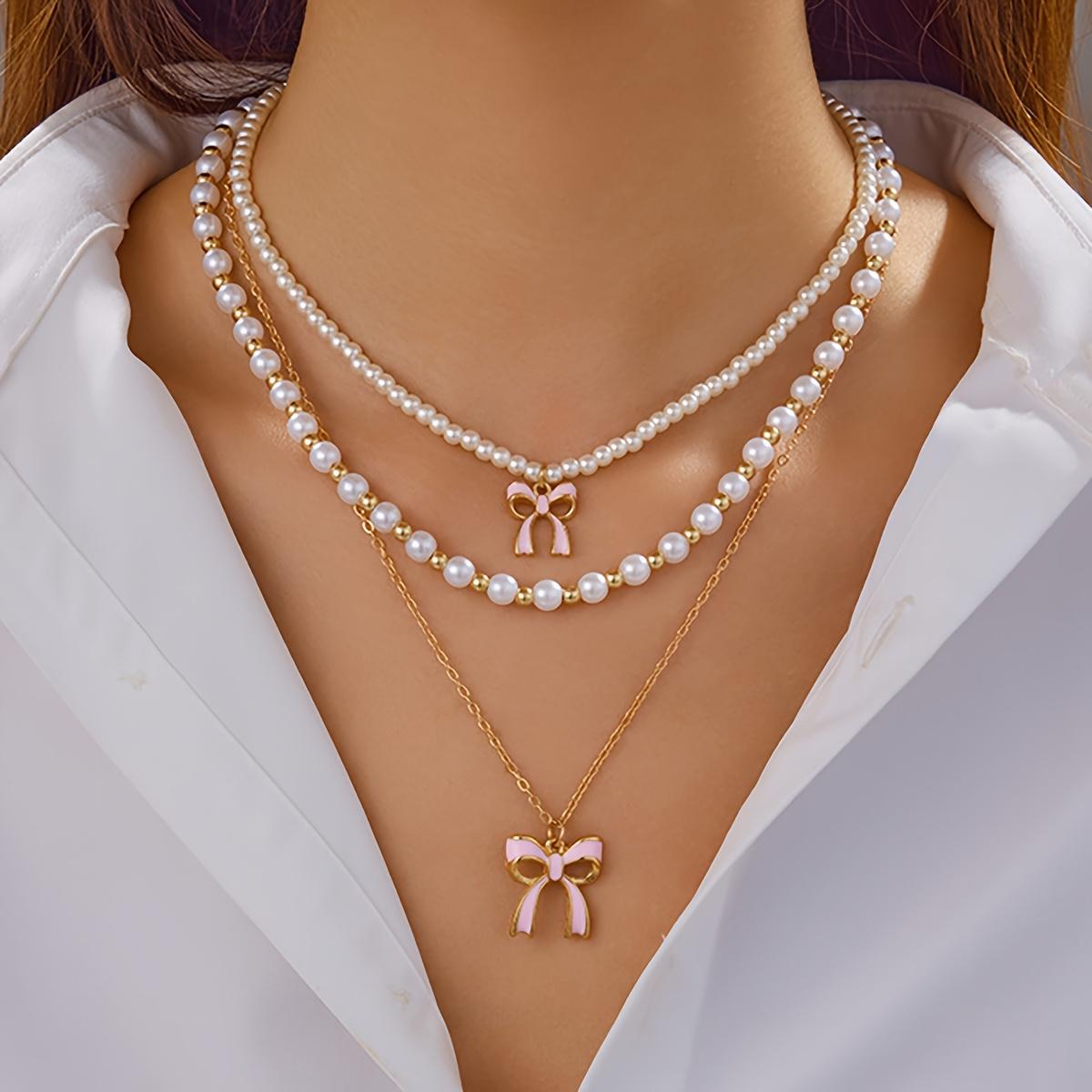 Fashionable and cute bow pendant necklace, elegant faux pearl chain, multi-layered layered necklace, casual and versatile for women s daily wear
