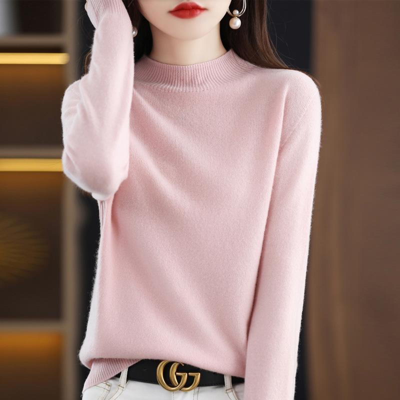 Women's Seamless Wool Knit Sweater - Short, Loose, Half-High Neck, Solid Color for Autumn and Winter