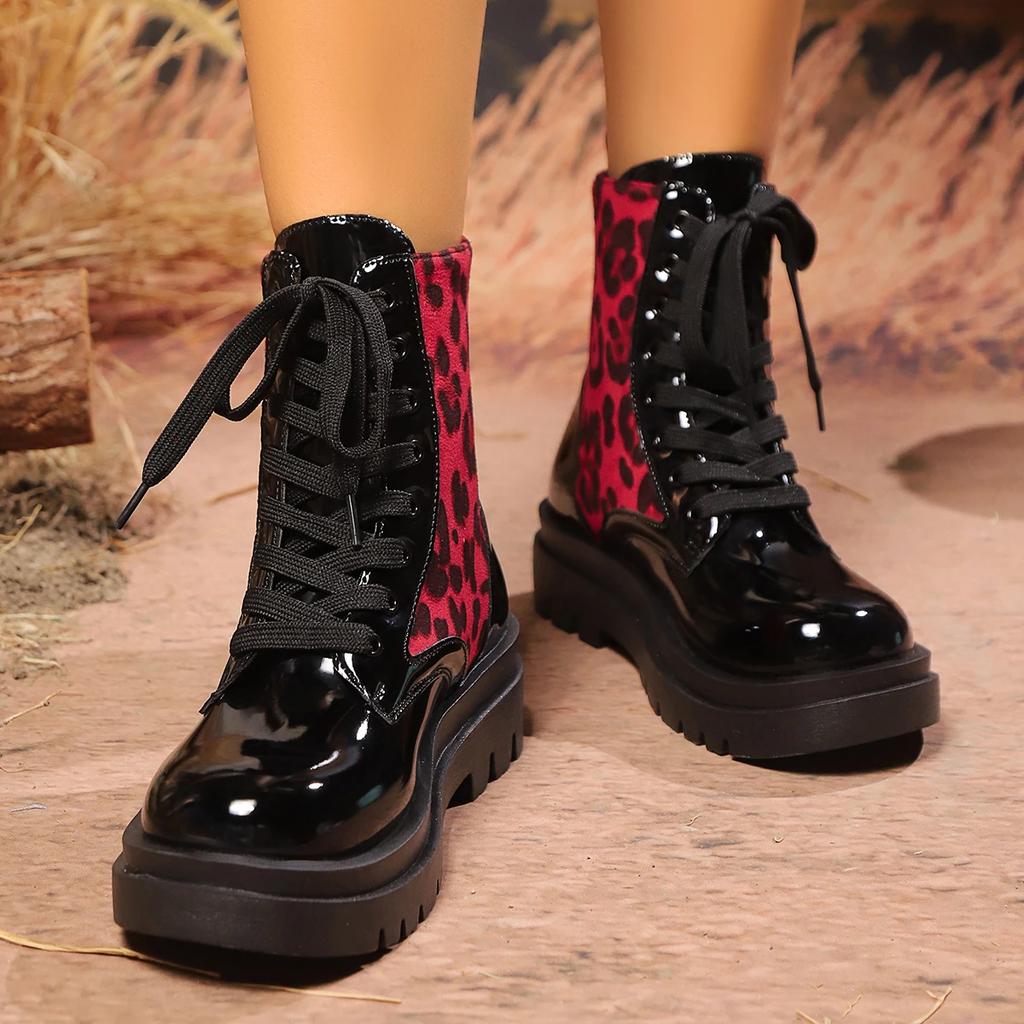 Fashion Women Shoes New High Quality Cross-tied Women Boots Fashion Leopard Print Casual Boots Women Fashion Round Toe Mid-Calf Boots