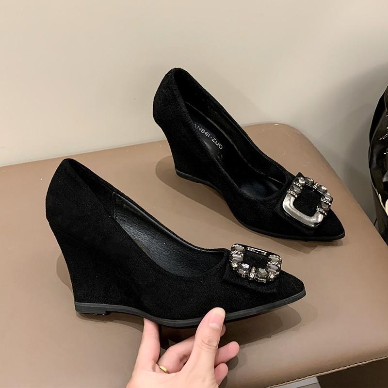 Fashion 35-43 Fashion Wedges Shoes Women Black Sexy High Heels Pointed Toe Square Buckle Rhinestone Career Work Shoes Tacones Mujer