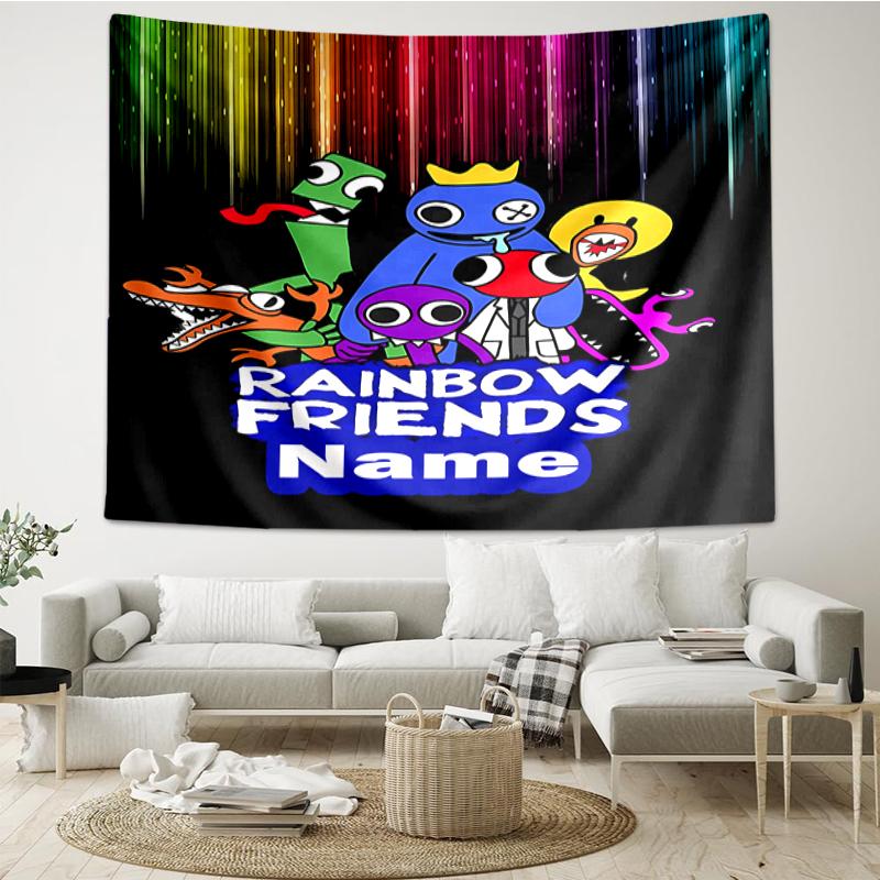 Custom Name Rainbow Friends Print Tapestry, Backdrop, Easy Setup, Ideal for Bedroom, Office & Living Room, with Aesthetic Wall Hanging Decor.