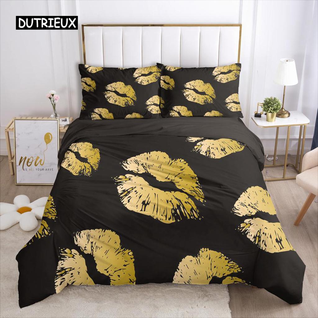 Röda Läppar Påslakanset Queen Polyester Kärlek Twin Sängkläder Sexigt Tema Vuxen Par Täcke Örngott 3D Kyssmärken Quiltöverdrag
