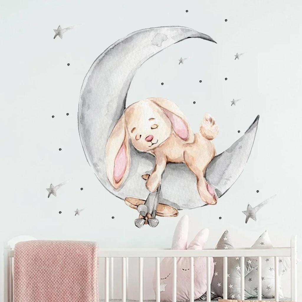Cartoon Rabbit Sleeping On The Moon and Stars Wall Stickers for Kids Room Baby Room Decoration Wall Decals Room Interior