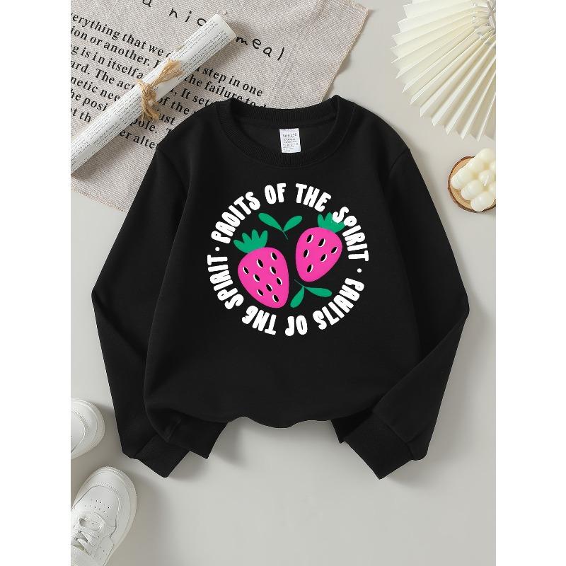 Girls' Crew Neck Sweatshirt Fruits of The Spirit Strawberry Christian Faith Print, Soft Cozy Pullover, Warm Casual Outfit for Autumn And Winter