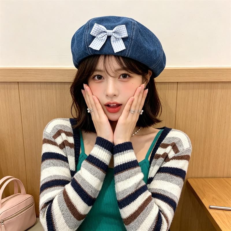 Cute puppy doll cat ear beret children spring and autumn cartoon plain painter hat showing face small personality newsboy hat