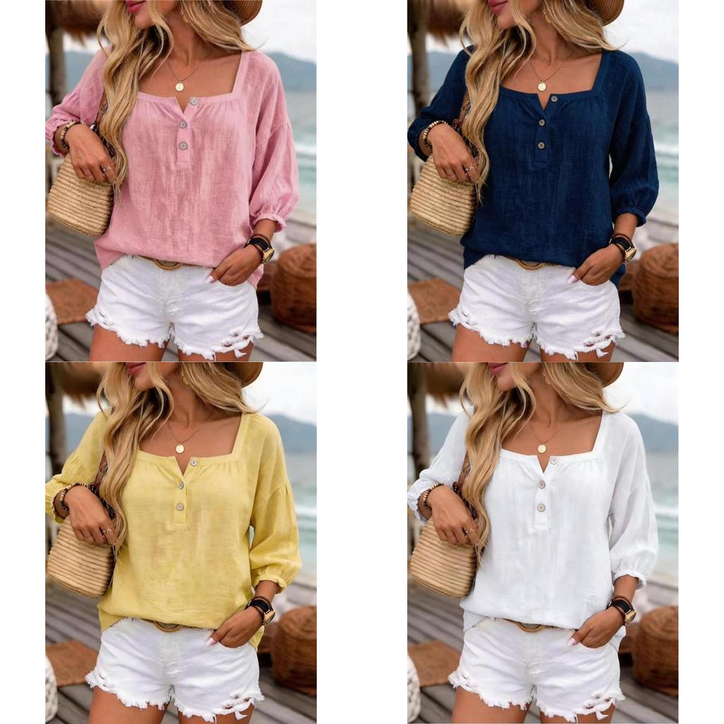 Camicia Casual in Lino da Donna con Maniche a Lanterna e Scollo Quadrato per le Vacanze Estive