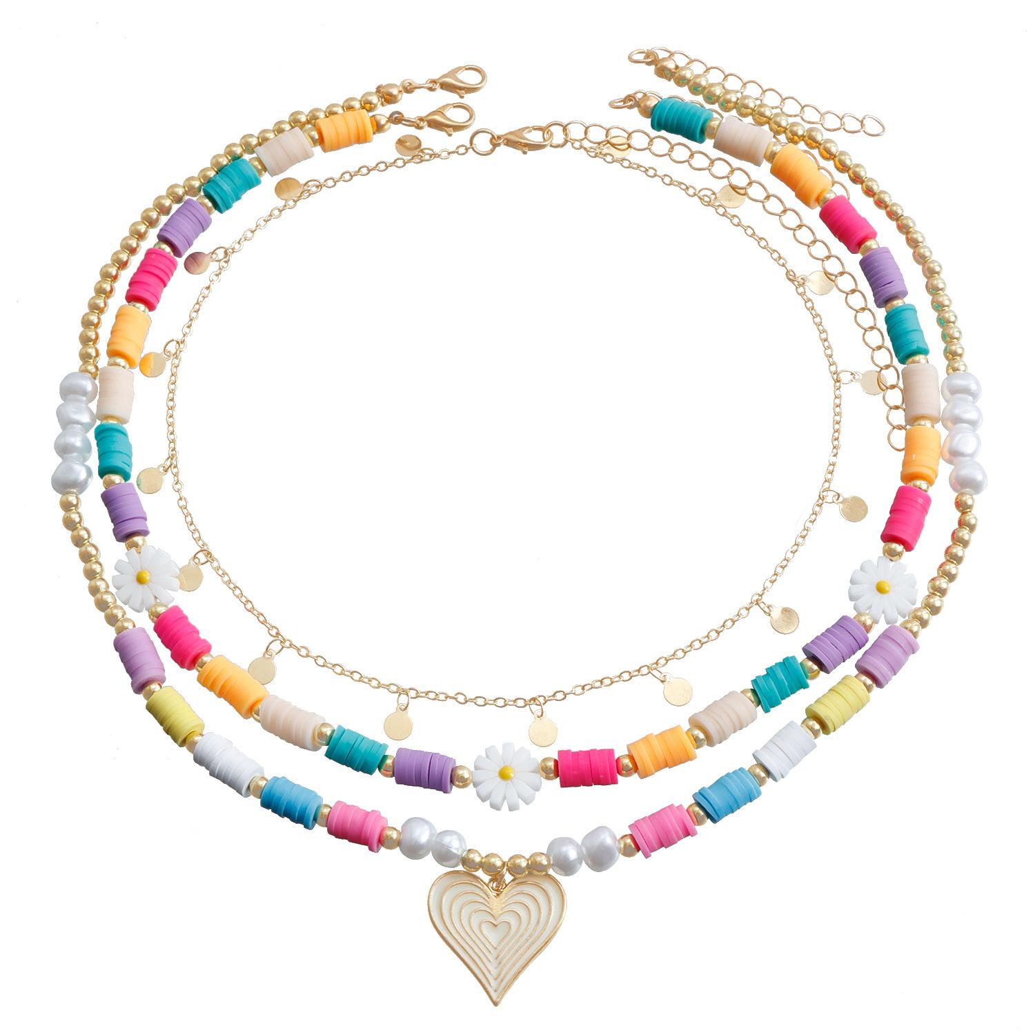 

Многослойная цепочка-колье с бусинами и подвеской в виде ромашки, богемная радужная цепочка на ключицу с подвеской в виде сердца из мягкой керамики для женщин золотой