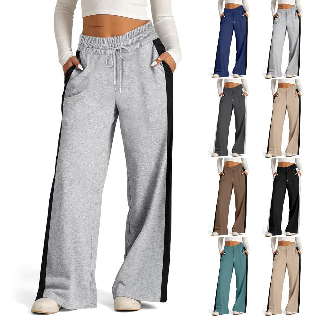 Women's Casual Fashion Solid Color Elastic Waist Drawstring Pockets Wide Leg Straight Pants