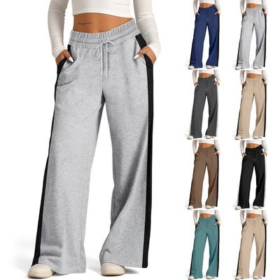 Women's Casual Fashion Color Elastic Waist Drawstring Pockets Wide Leg Straight Pants
