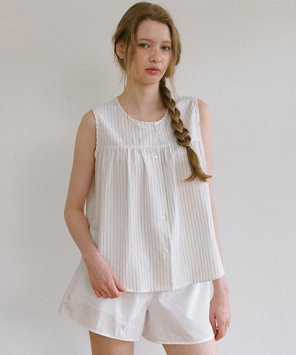 Laminez Striped Sleeveless Blouse - Beige Beige/Free