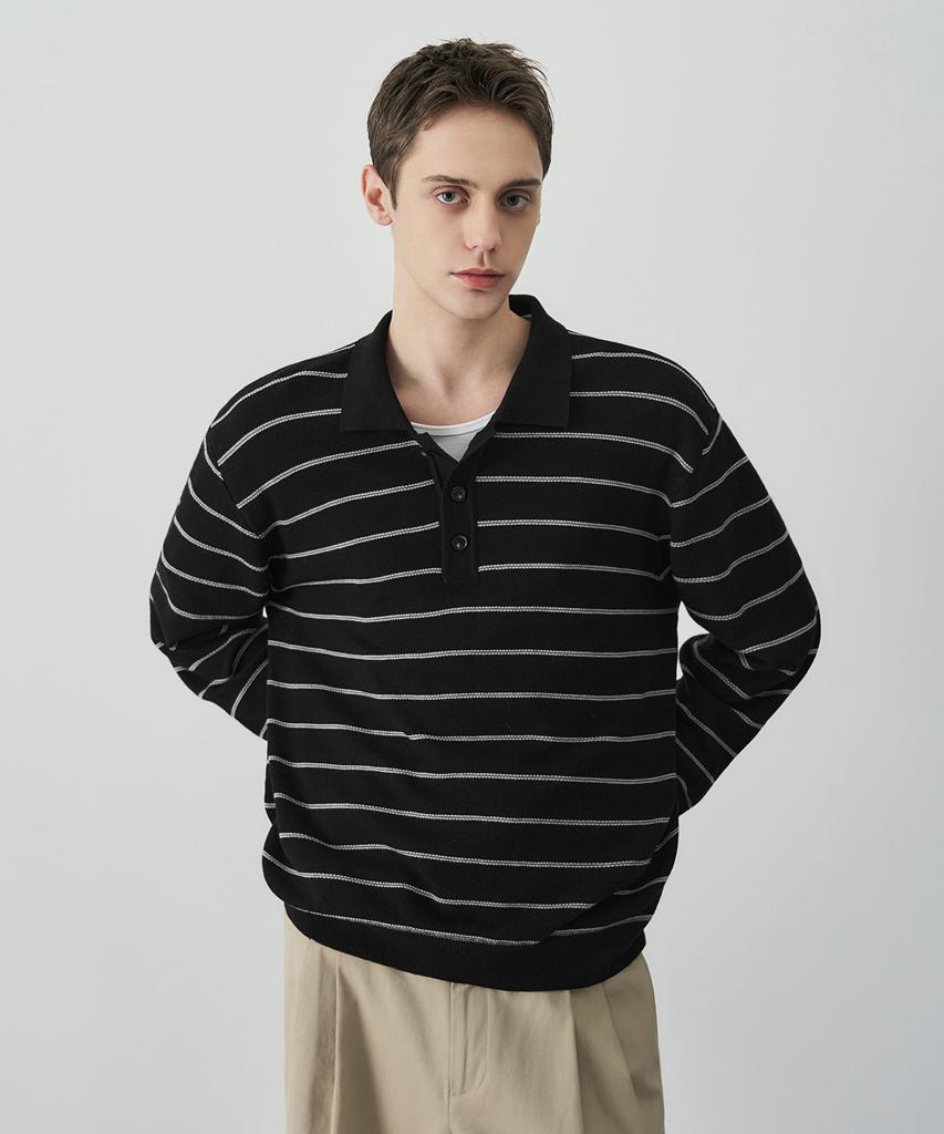 DRAW FIT Wool Supple Stripe Collar Knit [Black]